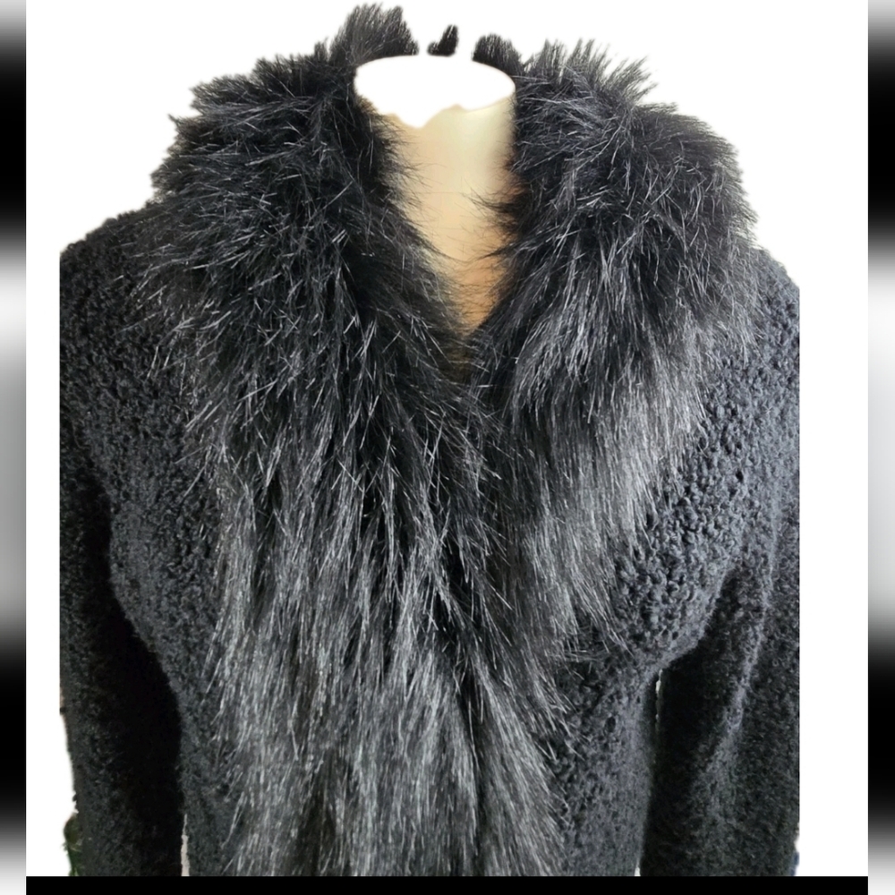 Fabulous Furs Black Faux Fur Collared Sweater Cardigan Jacket Elegant Size Large